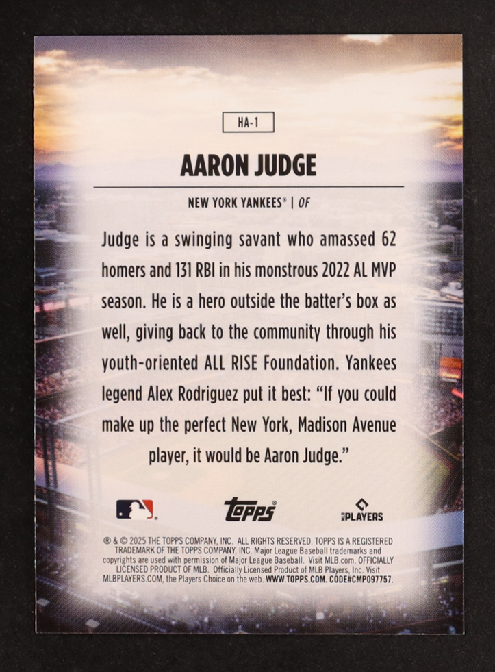 Aaron Judge 2025 Topps Home Field Advantage #HA1 at PristineAuction.com Aaron Judge 2025 Topps Home Field Advantage #HA1 at PristineAuction.com