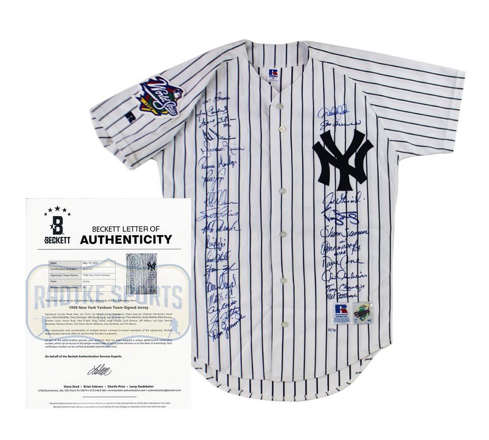 1998 LE Yankees Jersey Team-Signed By (28) with Derek Jeter, Joe Torre, Mariano Rivera, Jorge Posada (Beckett) at PristineAuction.com 1998 LE Yankees Jersey Team-Signed By (28) with Derek Jeter, Joe Torre, Mariano Rivera, Jorge Posada (Beckett) at PristineAuction.com