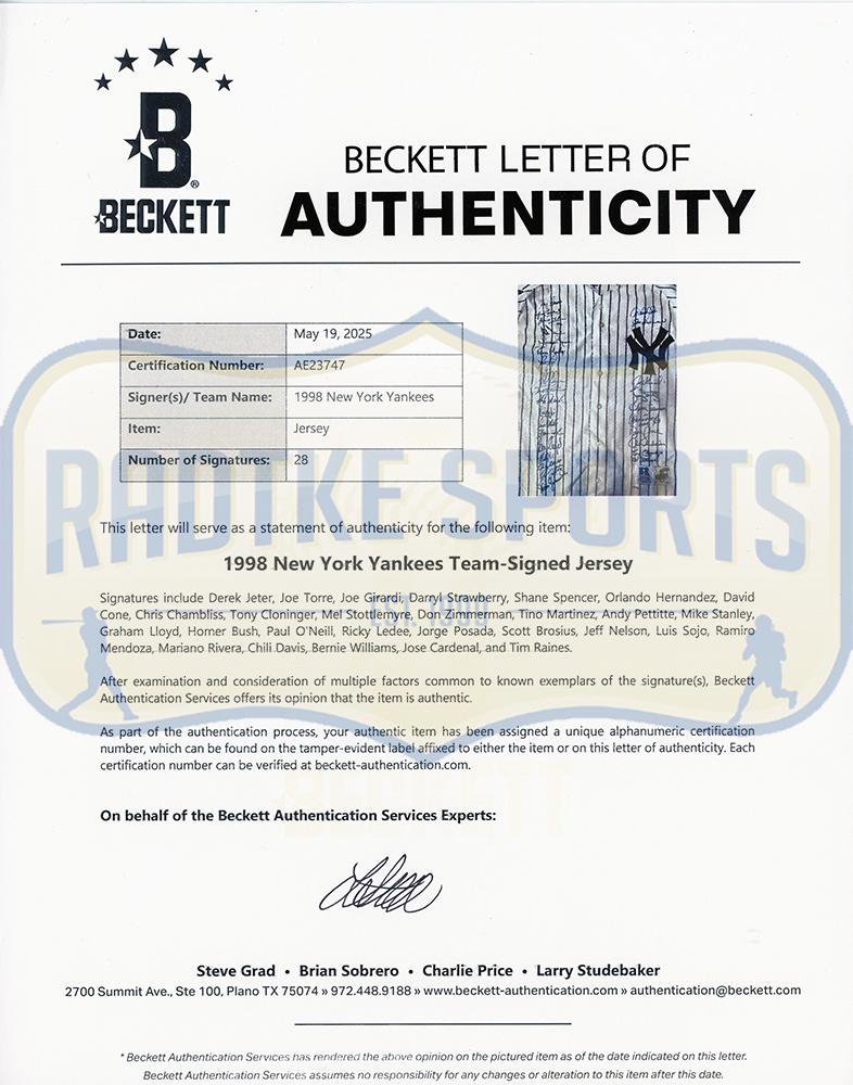 1998 LE Yankees Jersey Team-Signed By (28) with Derek Jeter, Joe Torre, Mariano Rivera, Jorge Posada (Beckett) at PristineAuction.com 1998 LE Yankees Jersey Team-Signed By (28) with Derek Jeter, Joe Torre, Mariano Rivera, Jorge Posada (Beckett) at PristineAuction.com