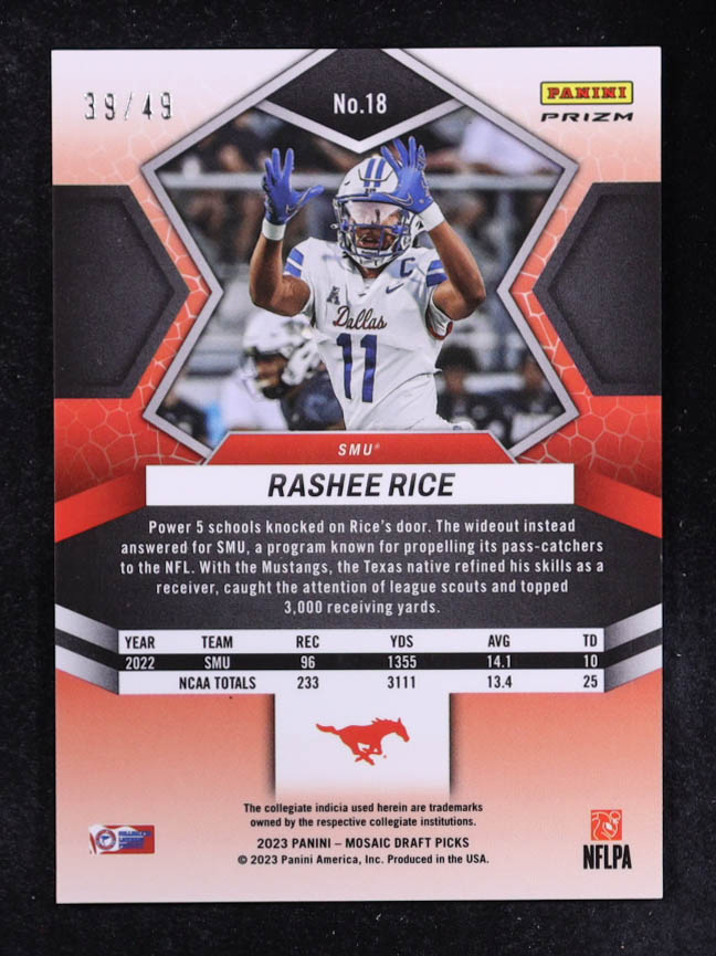 Rashee Rice 2023 Panini Mosaic Draft Picks Mosaic Purple #18 #39/49 RC at PristineAuction.com Rashee Rice 2023 Panini Mosaic Draft Picks Mosaic Purple #18 #39/49 RC at PristineAuction.com