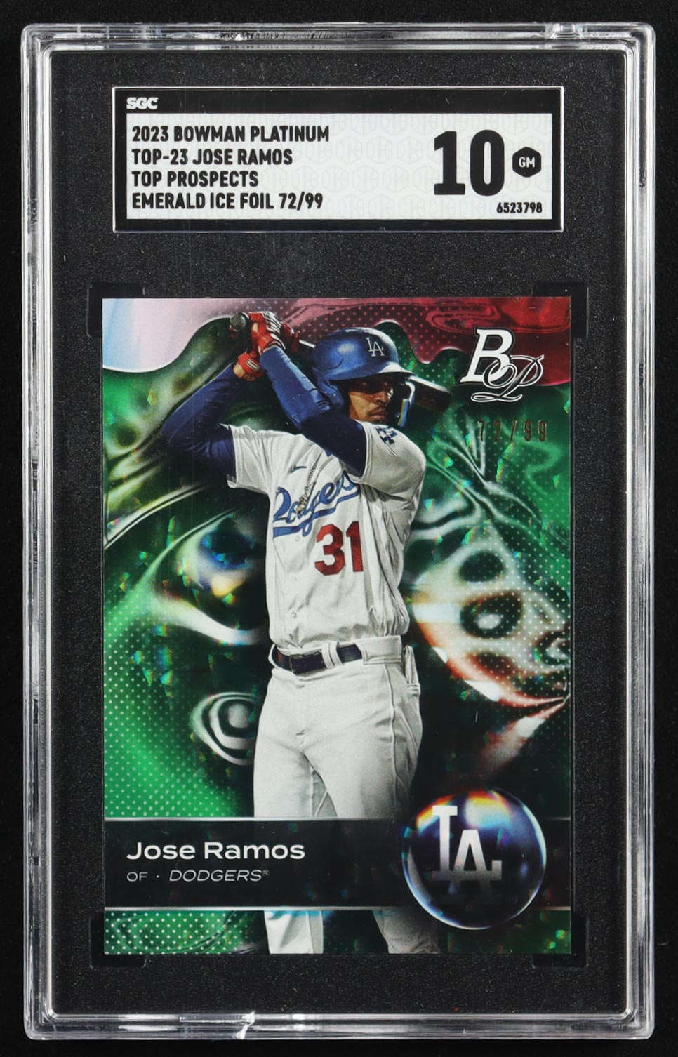Jose Ramos 2023 Bowman Platinum Top Prospects Emerald Ice Foil #TOP23 #72/99 RC (SGC 10) at PristineAuction.com Jose Ramos 2023 Bowman Platinum Top Prospects Emerald Ice Foil #TOP23 #72/99 RC (SGC 10) at PristineAuction.com