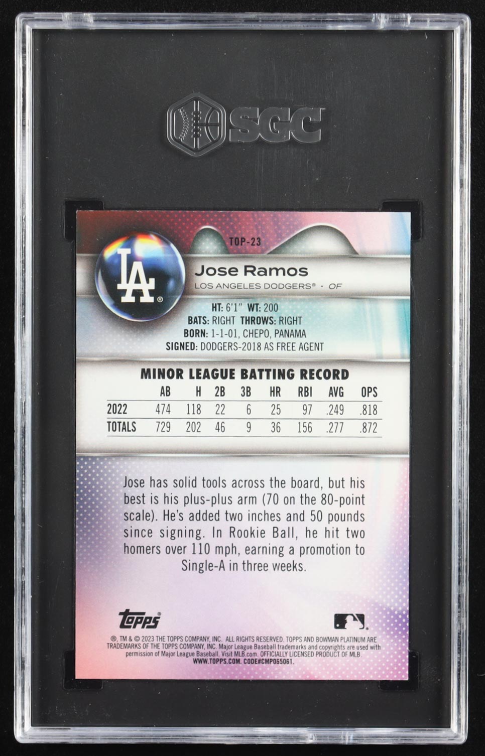 Jose Ramos 2023 Bowman Platinum Top Prospects Emerald Ice Foil #TOP23 #72/99 RC (SGC 10) at PristineAuction.com Jose Ramos 2023 Bowman Platinum Top Prospects Emerald Ice Foil #TOP23 #72/99 RC (SGC 10) at PristineAuction.com