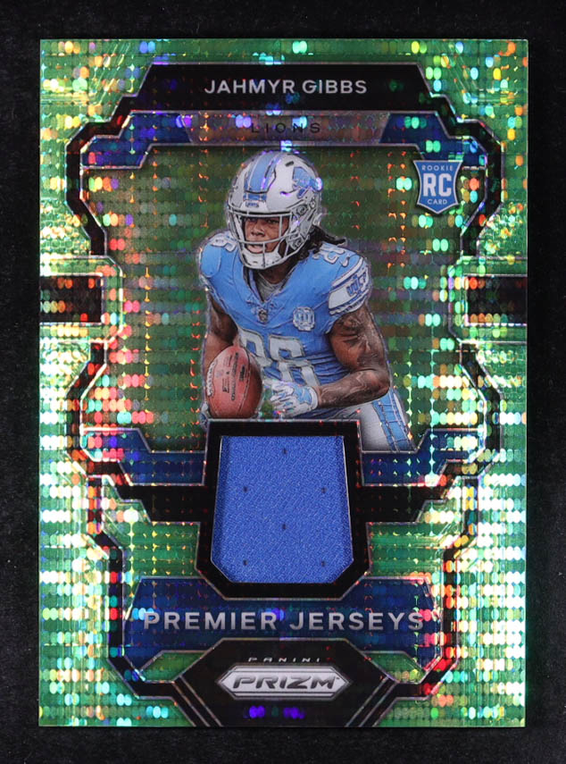Jahmyr Gibbs 2023 Panini Prizm Premier Jerseys Neon Green Pulsar #7 RC at PristineAuction.com Jahmyr Gibbs 2023 Panini Prizm Premier Jerseys Neon Green Pulsar #7 RC at PristineAuction.com