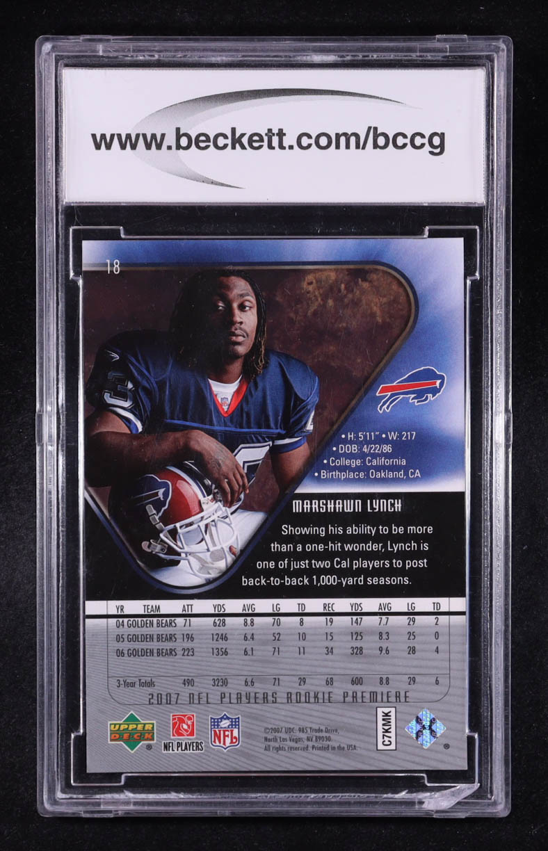Marshawn Lynch 2007 Upper Deck Rookie Premiere #18 RC (BCCG 10) at PristineAuction.com Marshawn Lynch 2007 Upper Deck Rookie Premiere #18 RC (BCCG 10) at PristineAuction.com