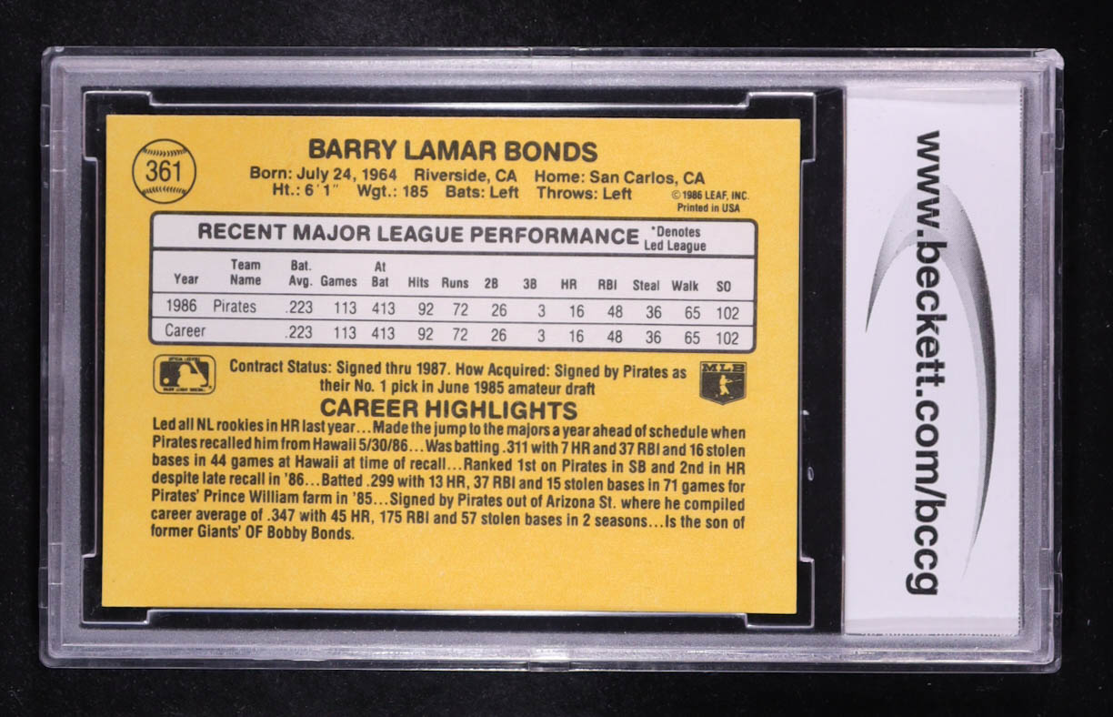 Barry Bonds 1987 Donruss #361 RC (BCCG 10) at PristineAuction.com Barry Bonds 1987 Donruss #361 RC (BCCG 10) at PristineAuction.com