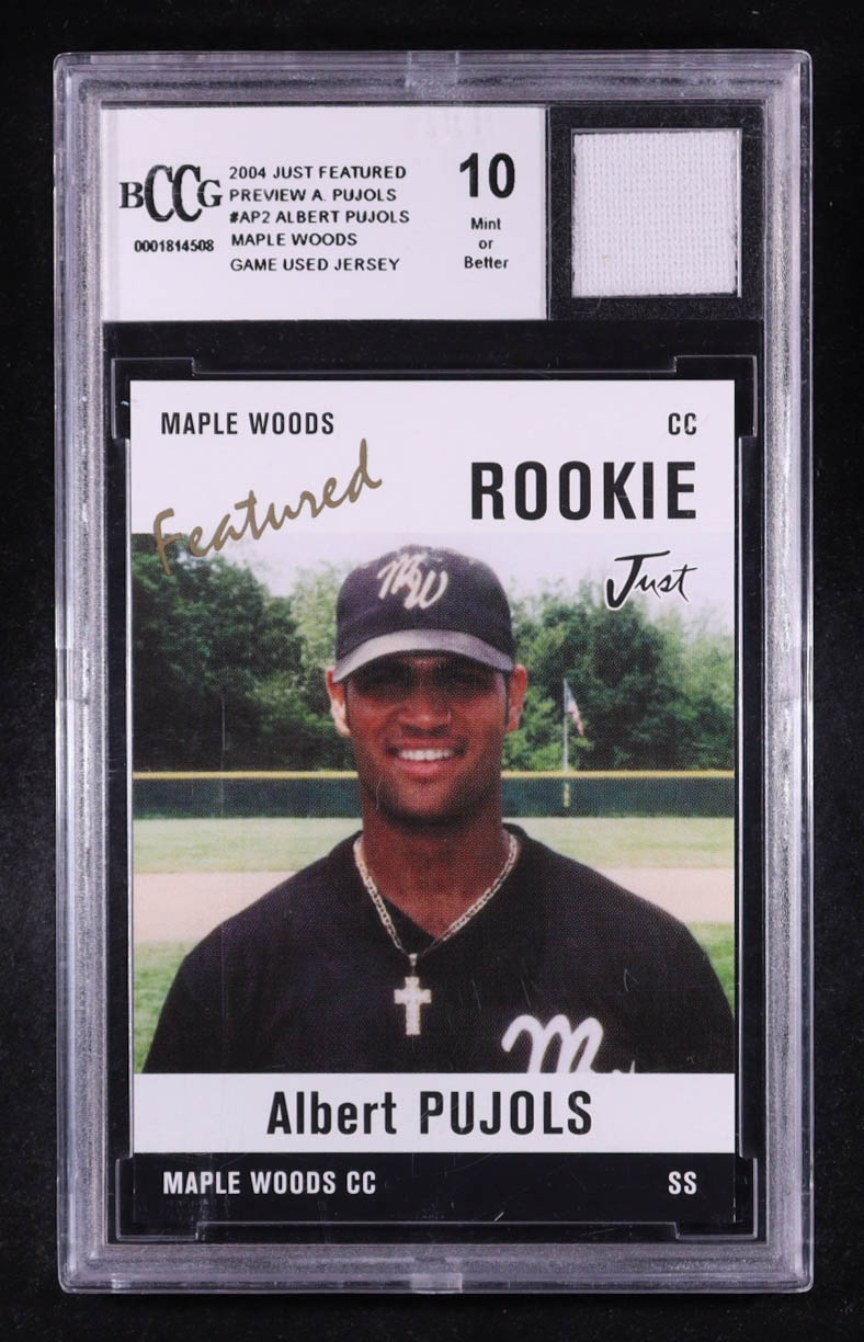 Albert Pujols 2004 Just Featured Preview Pujols #AP2 Maple Woods RC with Game-Used Jersey Piece (BCCG 10) at PristineAuction.com Albert Pujols 2004 Just Featured Preview Pujols #AP2 Maple Woods RC with Game-Used Jersey Piece (BCCG 10) at PristineAuction.com