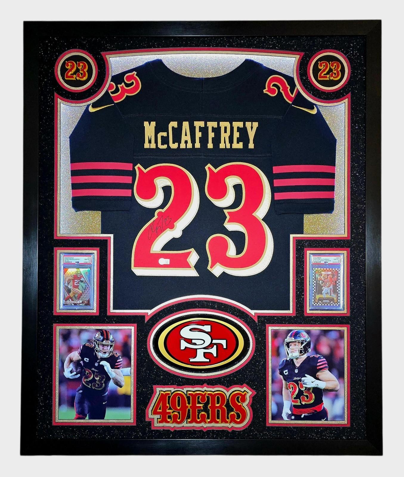 Christian McCaffrey Signed 49ers Custom Framed Nike Jersey with LED Display & (2) PSA 10 Graded Cards (Beckett) at PristineAuction.com Christian McCaffrey Signed 49ers Custom Framed Nike Jersey with LED Display & (2) PSA 10 Graded Cards (Beckett) at PristineAuction.com