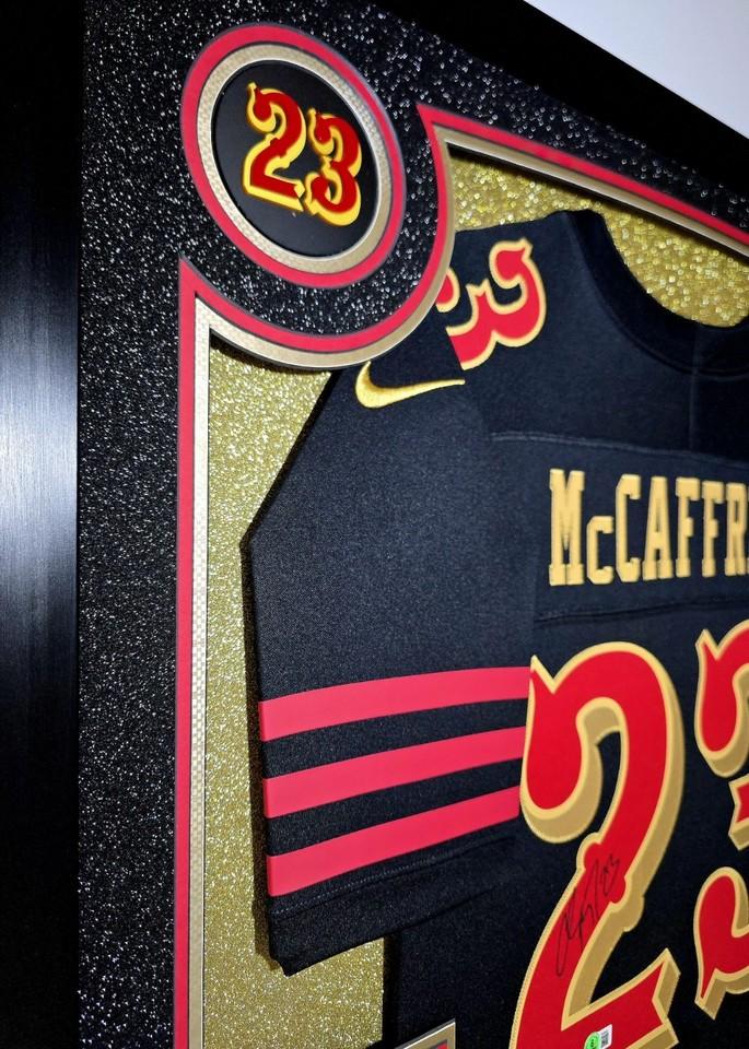 Christian McCaffrey Signed 49ers Custom Framed Nike Jersey with LED Display & (2) PSA 10 Graded Cards (Beckett) at PristineAuction.com Christian McCaffrey Signed 49ers Custom Framed Nike Jersey with LED Display & (2) PSA 10 Graded Cards (Beckett) at PristineAuction.com
