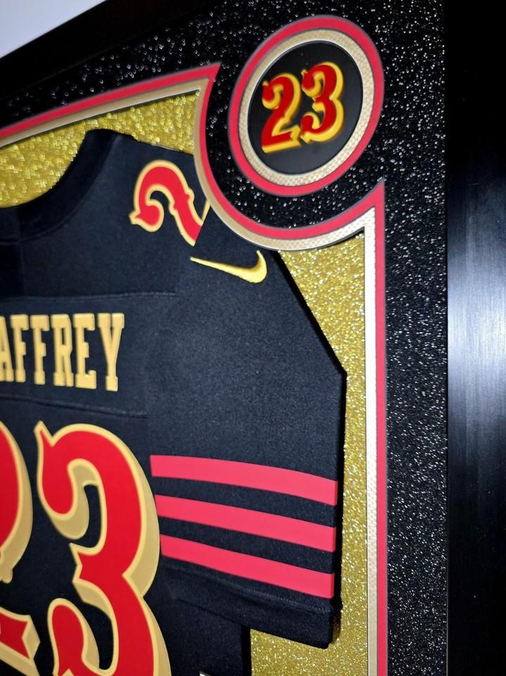 Christian McCaffrey Signed 49ers Custom Framed Nike Jersey with LED Display & (2) PSA 10 Graded Cards (Beckett) at PristineAuction.com Christian McCaffrey Signed 49ers Custom Framed Nike Jersey with LED Display & (2) PSA 10 Graded Cards (Beckett) at PristineAuction.com