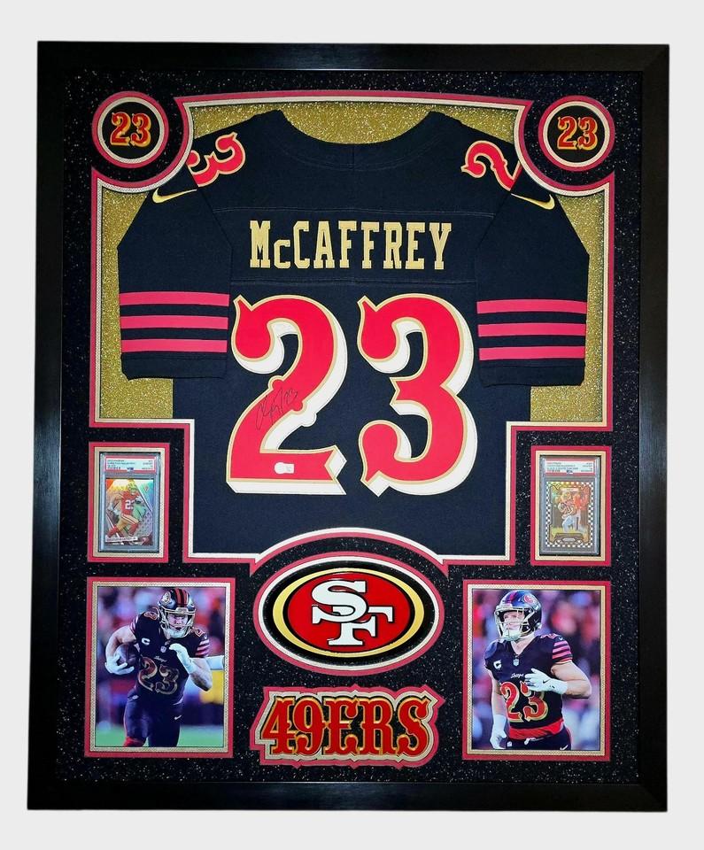 Christian McCaffrey Signed 49ers Custom Framed Nike Jersey with LED Display & (2) PSA 10 Graded Cards (Beckett) at PristineAuction.com Christian McCaffrey Signed 49ers Custom Framed Nike Jersey with LED Display & (2) PSA 10 Graded Cards (Beckett) at PristineAuction.com