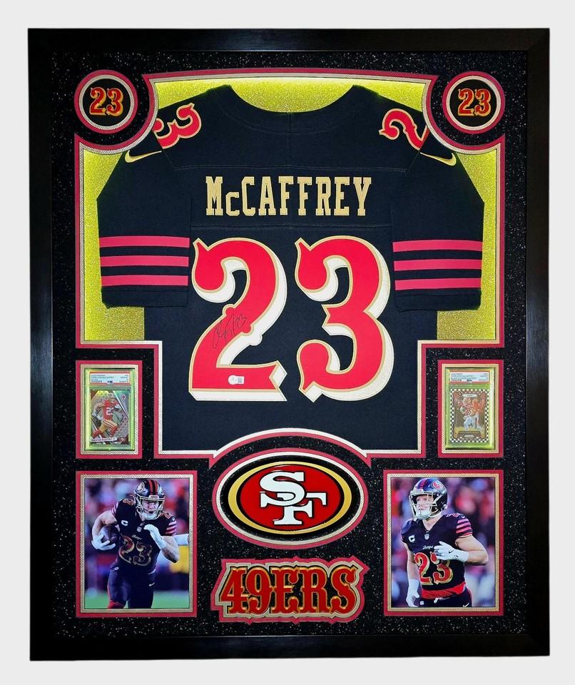 Christian McCaffrey Signed 49ers Custom Framed Nike Jersey with LED Display & (2) PSA 10 Graded Cards (Beckett) at PristineAuction.com Christian McCaffrey Signed 49ers Custom Framed Nike Jersey with LED Display & (2) PSA 10 Graded Cards (Beckett) at PristineAuction.com
