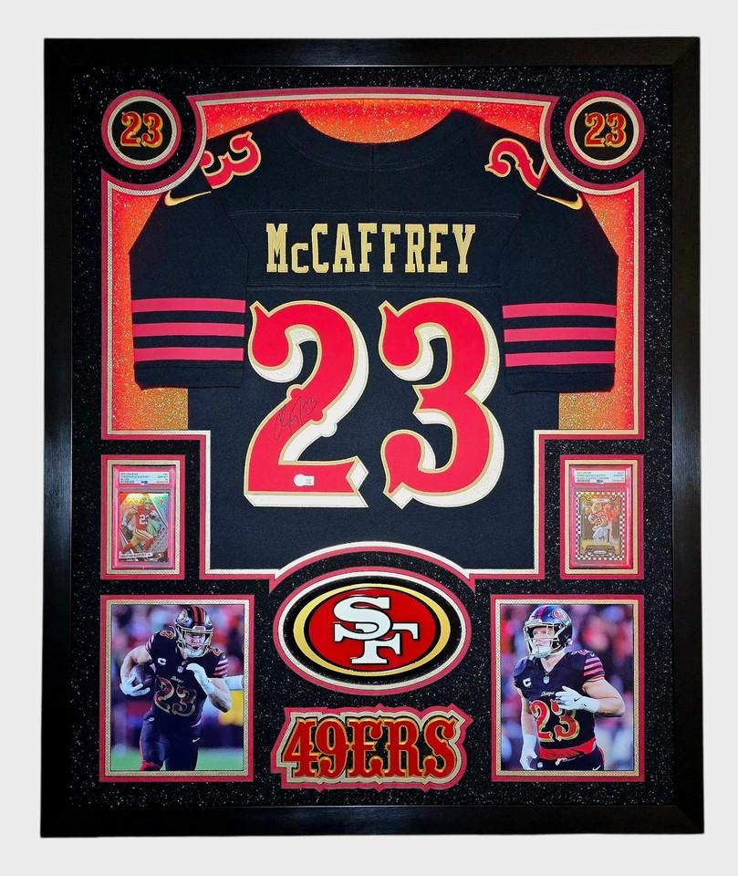 Christian McCaffrey Signed 49ers Custom Framed Nike Jersey with LED Display & (2) PSA 10 Graded Cards (Beckett) at PristineAuction.com Christian McCaffrey Signed 49ers Custom Framed Nike Jersey with LED Display & (2) PSA 10 Graded Cards (Beckett) at PristineAuction.com