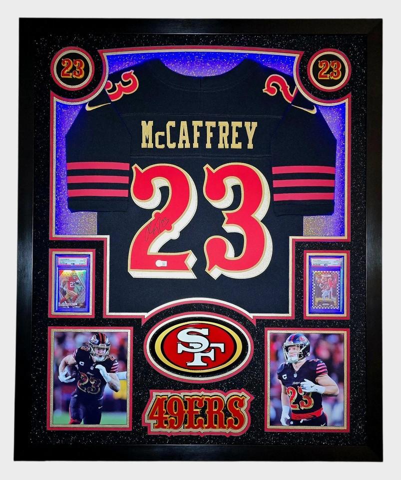 Christian McCaffrey Signed 49ers Custom Framed Nike Jersey with LED Display & (2) PSA 10 Graded Cards (Beckett) at PristineAuction.com Christian McCaffrey Signed 49ers Custom Framed Nike Jersey with LED Display & (2) PSA 10 Graded Cards (Beckett) at PristineAuction.com