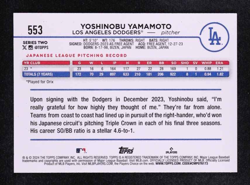 Yoshinobu Yamamoto 2024 Topps #553 RC at PristineAuction.com Yoshinobu Yamamoto 2024 Topps #553 RC at PristineAuction.com