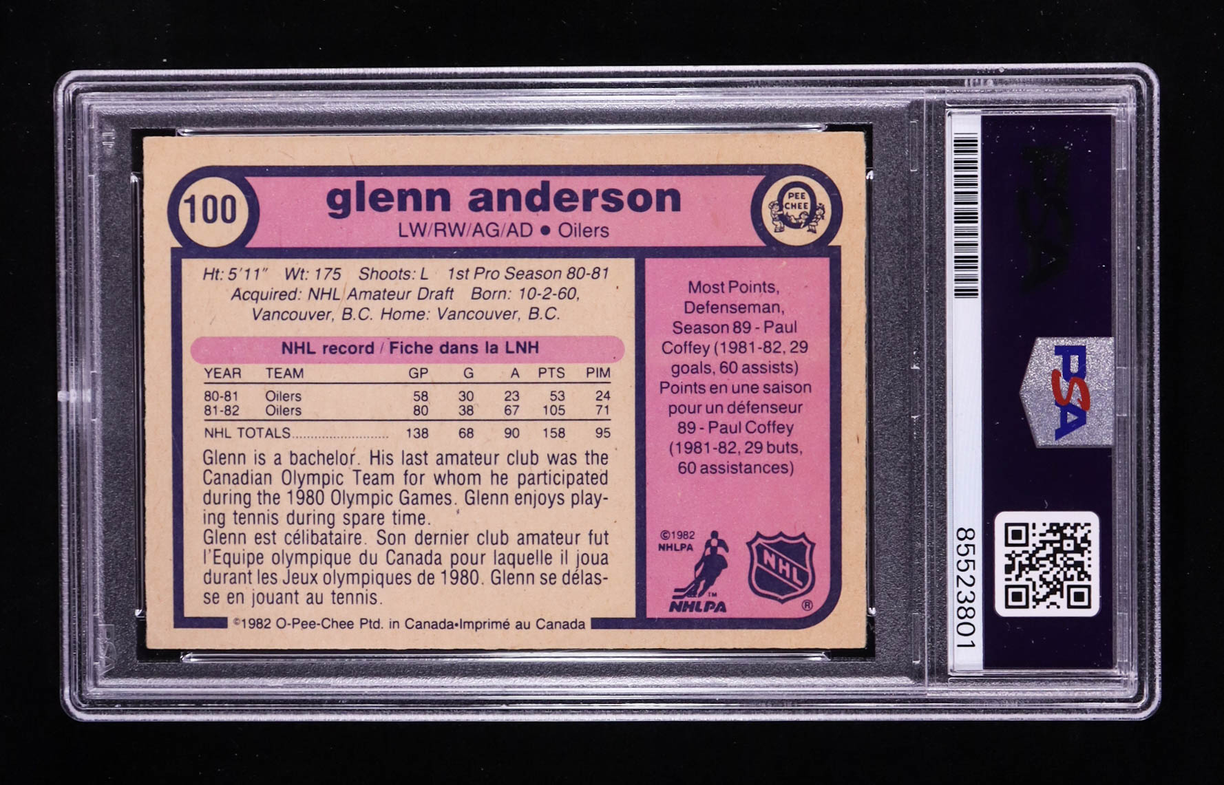 Glenn Anderson Signed 1982-83 O-Pee-Chee #100 (PSA) at PristineAuction.com Glenn Anderson Signed 1982-83 O-Pee-Chee #100 (PSA) at PristineAuction.com