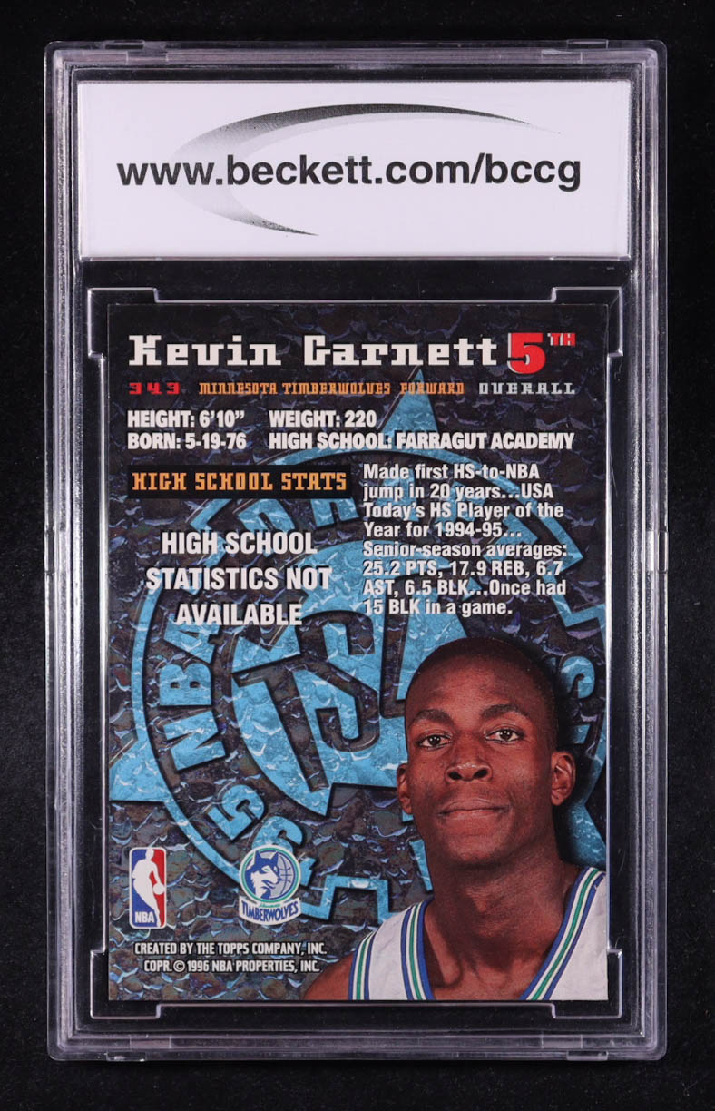 Kevin Garnett 1995-96 Stadium Club #343 RC (BCCG 10) at PristineAuction.com Kevin Garnett 1995-96 Stadium Club #343 RC (BCCG 10) at PristineAuction.com