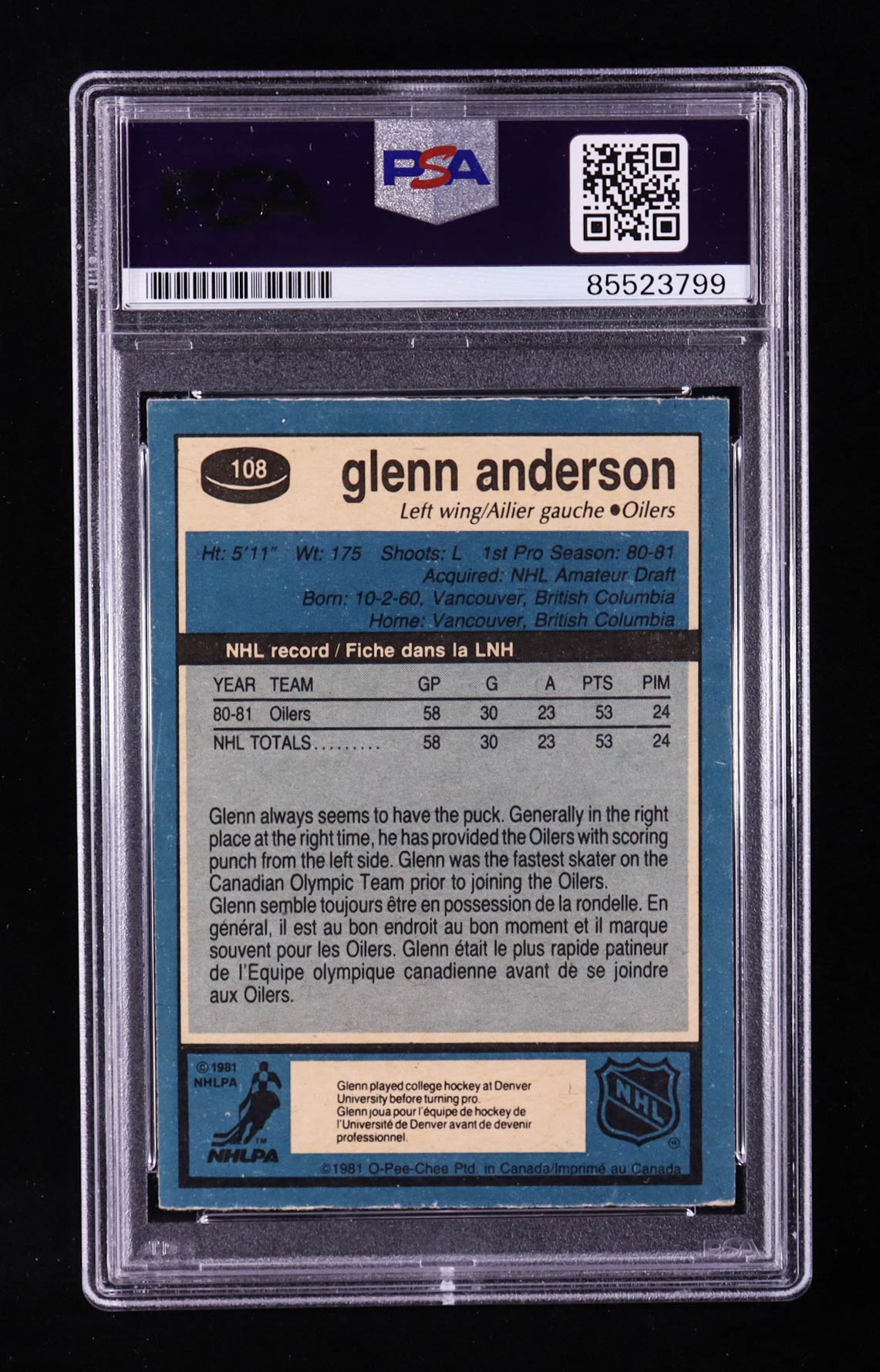 Glenn Anderson Signed 1981-82 O-Pee-Chee #108 RC (PSA) at PristineAuction.com Glenn Anderson Signed 1981-82 O-Pee-Chee #108 RC (PSA) at PristineAuction.com