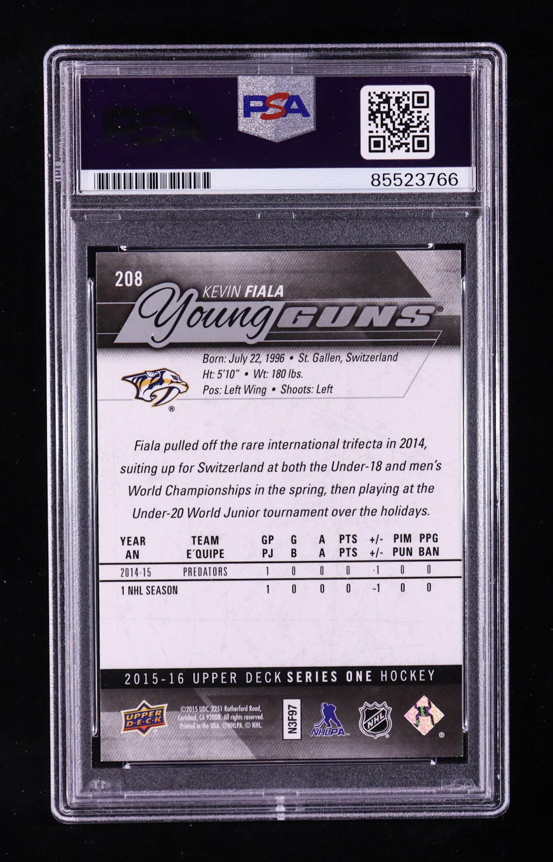 Kevin Fiala Signed 2015-16 Upper Deck #208 YG RC (PSA) at PristineAuction.com Kevin Fiala Signed 2015-16 Upper Deck #208 YG RC (PSA) at PristineAuction.com