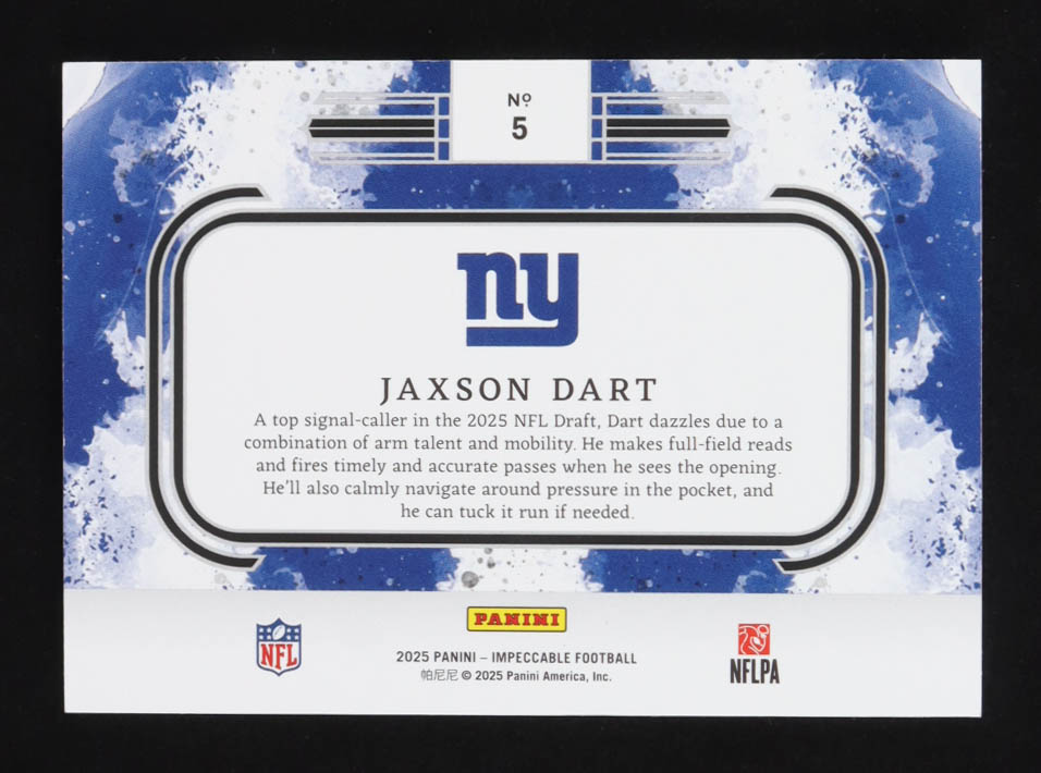 Jaxson Dart 2025 Panini Impeccable #5 RC #34/35 at PristineAuction.com Jaxson Dart 2025 Panini Impeccable #5 RC #34/35 at PristineAuction.com
