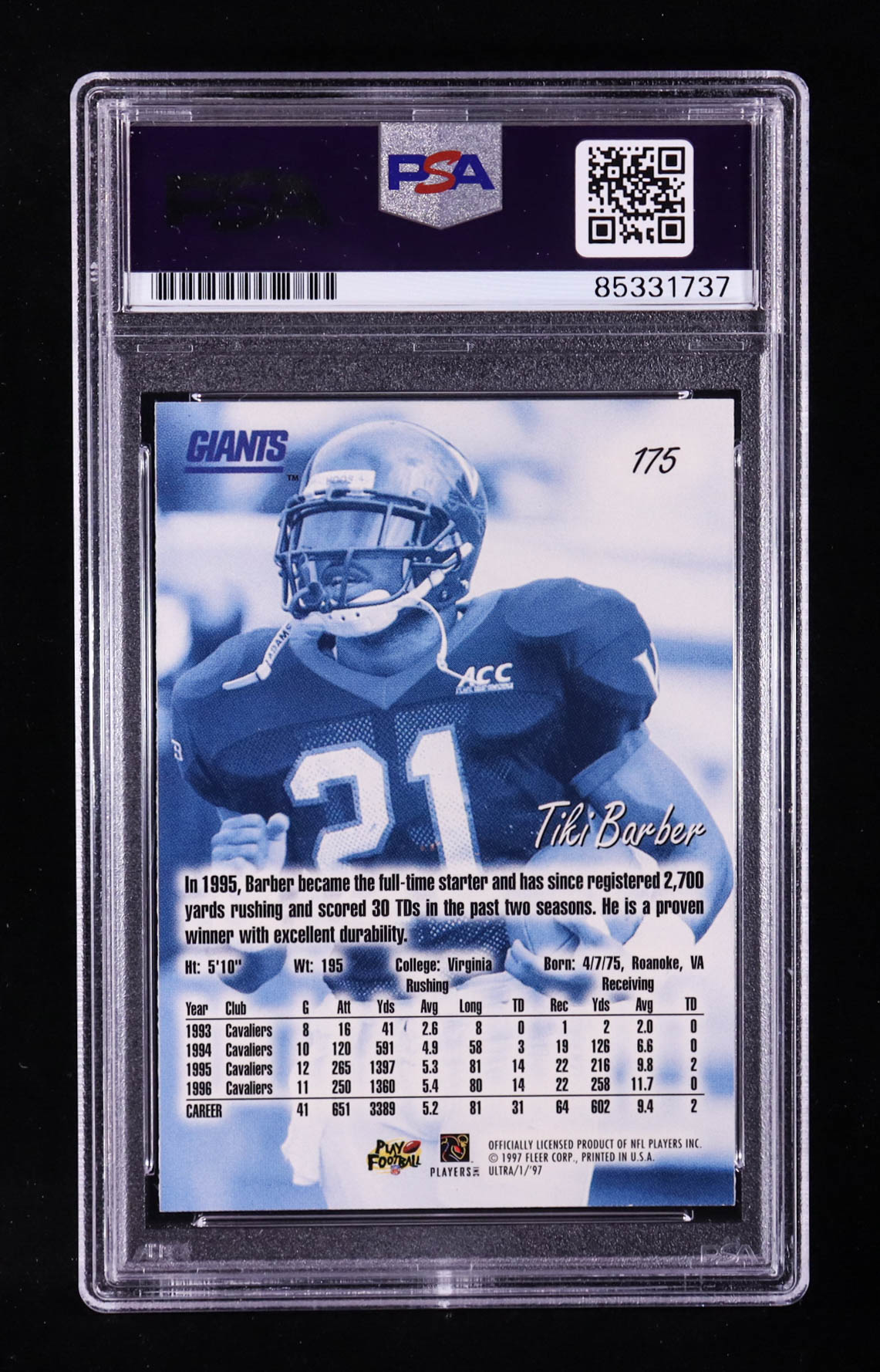 Tiki Barber Signed 1997 Ultra #175 RC (PSA) at PristineAuction.com Tiki Barber Signed 1997 Ultra #175 RC (PSA) at PristineAuction.com