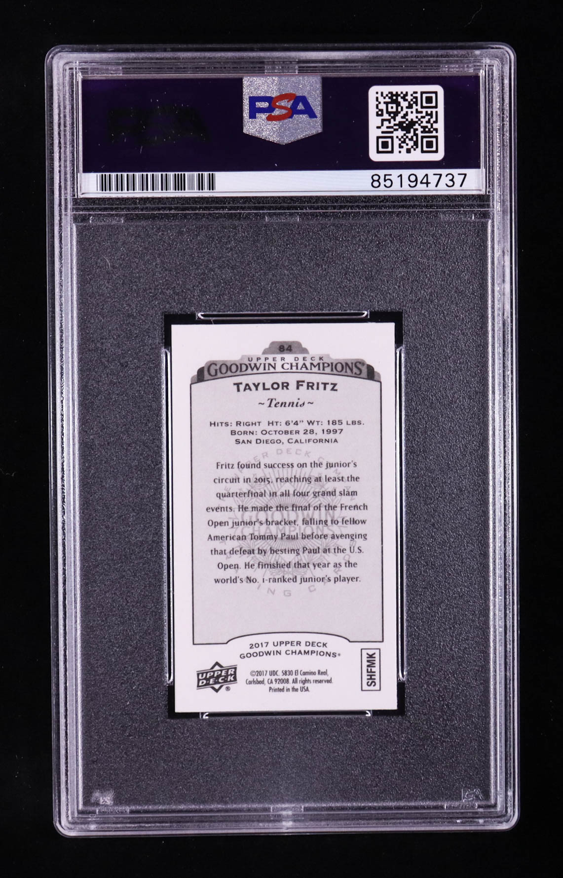 Taylor Fritz Signed 2017 Upper Deck Goodwin Champions Mini #84 (PSA) at PristineAuction.com Taylor Fritz Signed 2017 Upper Deck Goodwin Champions Mini #84 (PSA) at PristineAuction.com