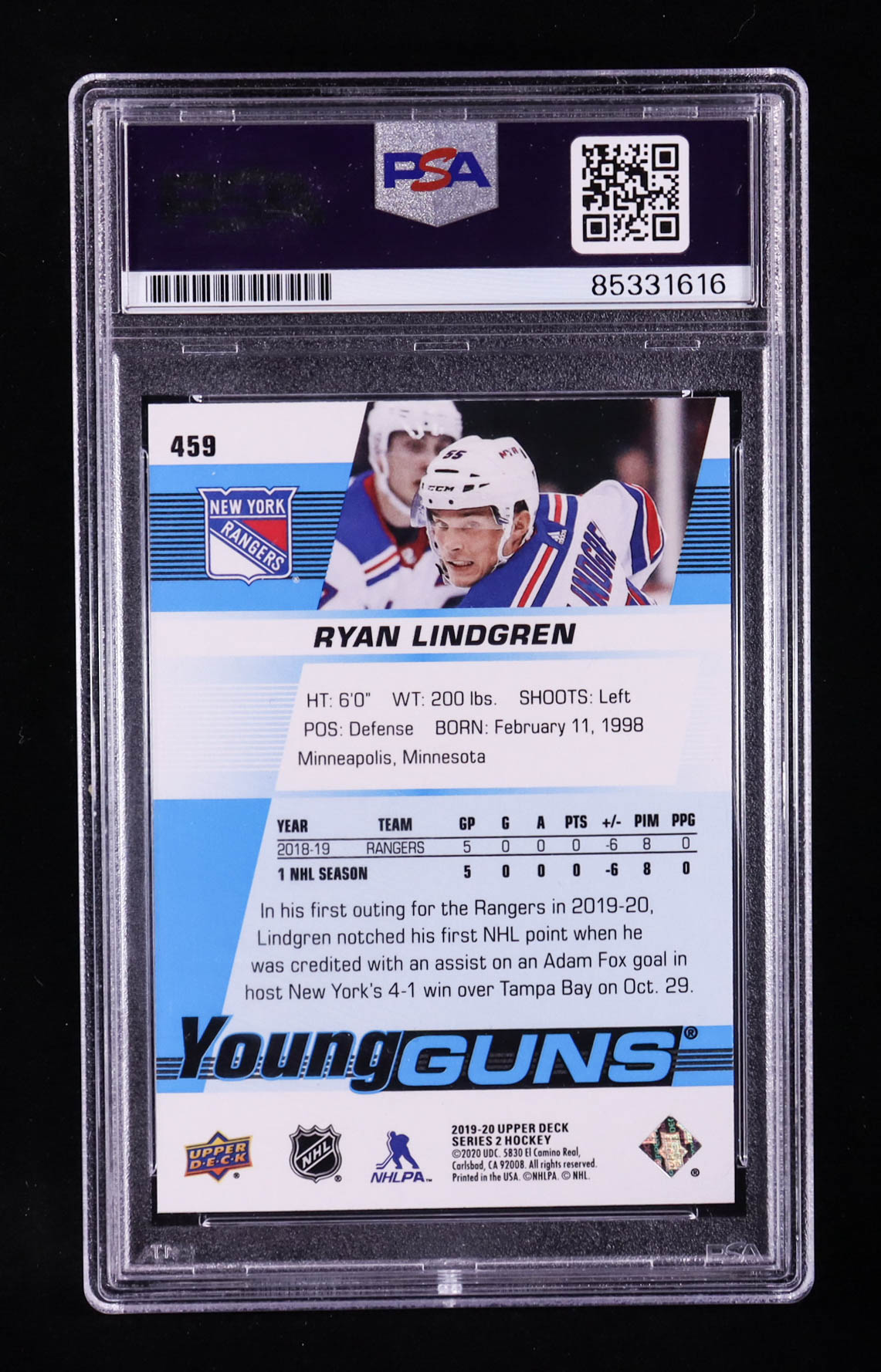 Ryan Lindgren Signed 2019-20 Upper Deck #459 YG RC (PSA) at PristineAuction.com Ryan Lindgren Signed 2019-20 Upper Deck #459 YG RC (PSA) at PristineAuction.com