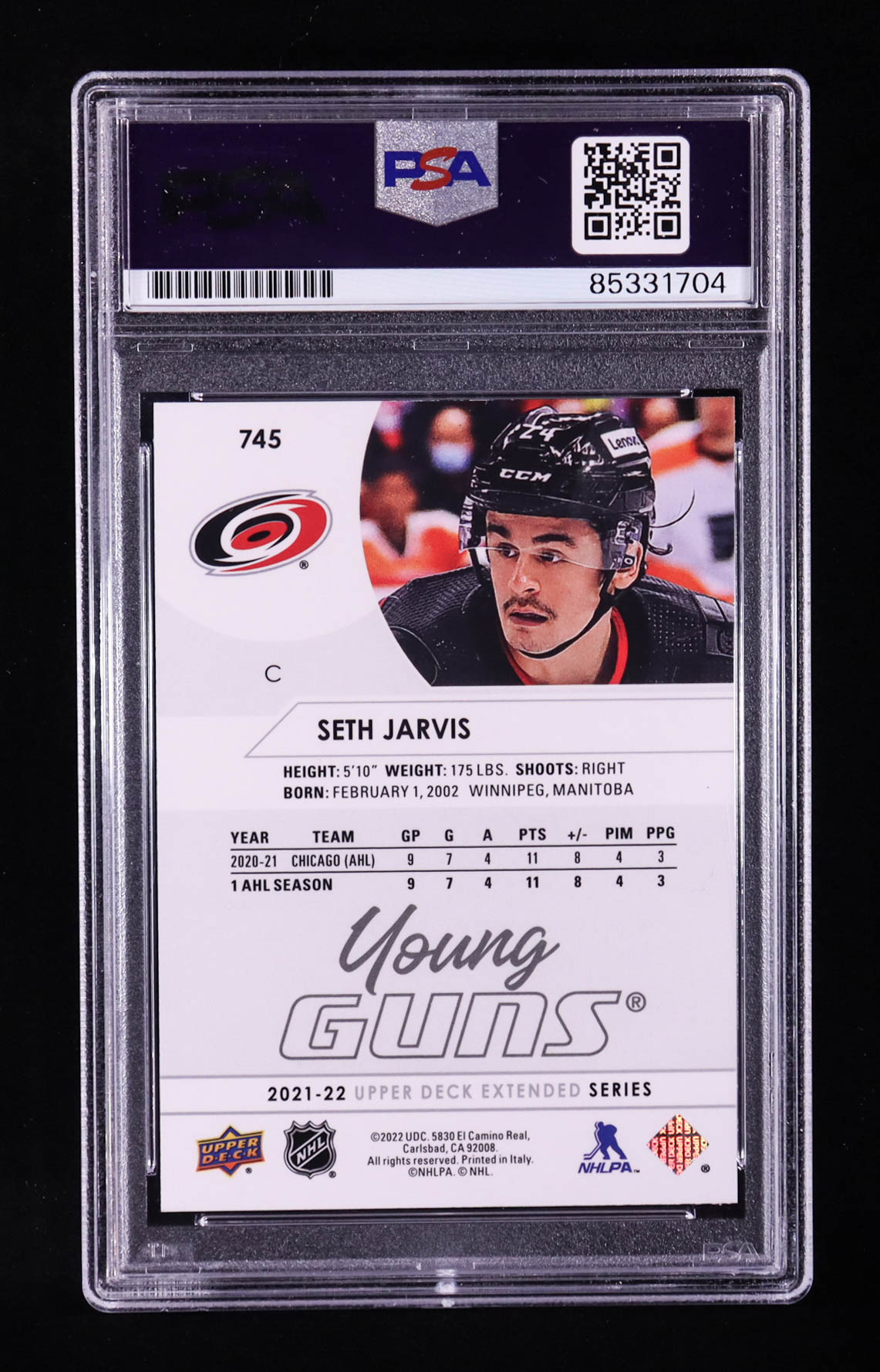 Seth Jarvis Signed 2021-22 Upper Deck #745 YG RC (PSA) at PristineAuction.com Seth Jarvis Signed 2021-22 Upper Deck #745 YG RC (PSA) at PristineAuction.com