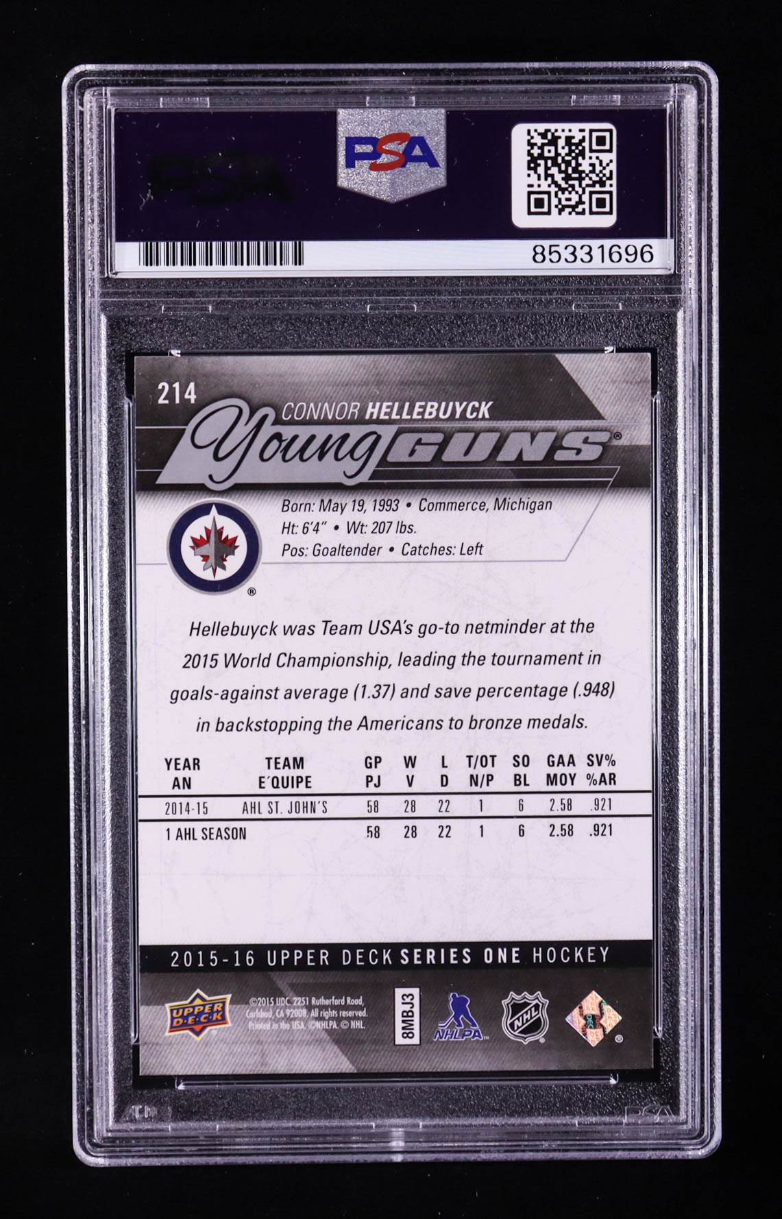 Connor Hellebuyck Signed 2015-16 Upper Deck #214 YG RC (PSA) at PristineAuction.com Connor Hellebuyck Signed 2015-16 Upper Deck #214 YG RC (PSA) at PristineAuction.com