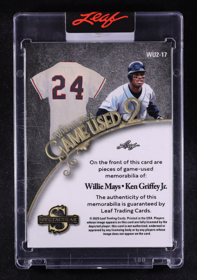 Willie Mays / Ken Griffey Jr. 2025 Leaf Spectacular When It Was A Game Used 2 Spectrum Silver #WU217 #15/15 at PristineAuction.com Willie Mays / Ken Griffey Jr. 2025 Leaf Spectacular When It Was A Game Used 2 Spectrum Silver #WU217 #15/15 at PristineAuction.com