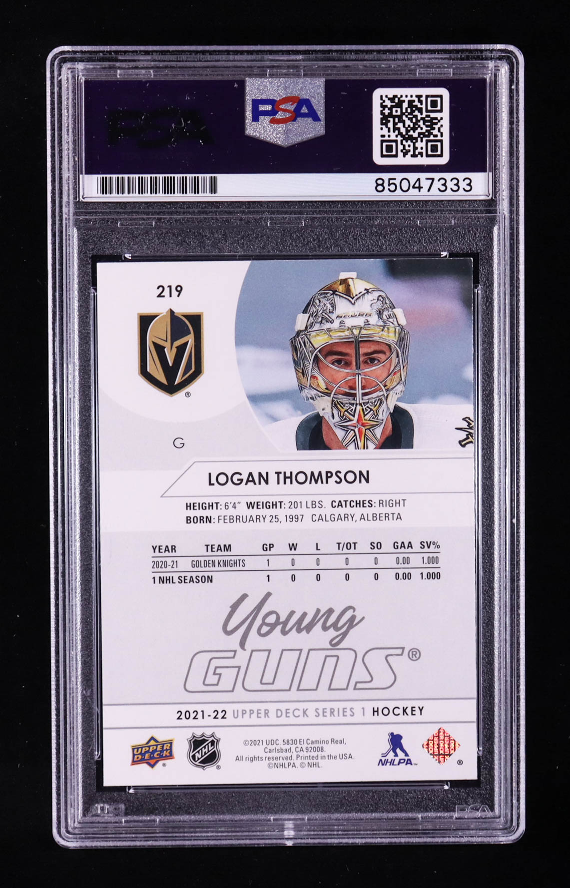 Logan Thompson Signed 2021-22 Upper Deck #219 YG RC (PSA) at PristineAuction.com Logan Thompson Signed 2021-22 Upper Deck #219 YG RC (PSA) at PristineAuction.com