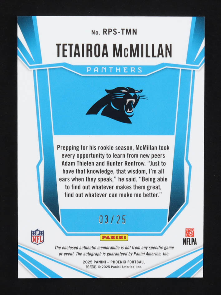 Tetairoa McMillan 2025 Panini Phoenix Autographs MEM #RPS-TMN RC #03/25 at PristineAuction.com Tetairoa McMillan 2025 Panini Phoenix Autographs MEM #RPS-TMN RC #03/25 at PristineAuction.com