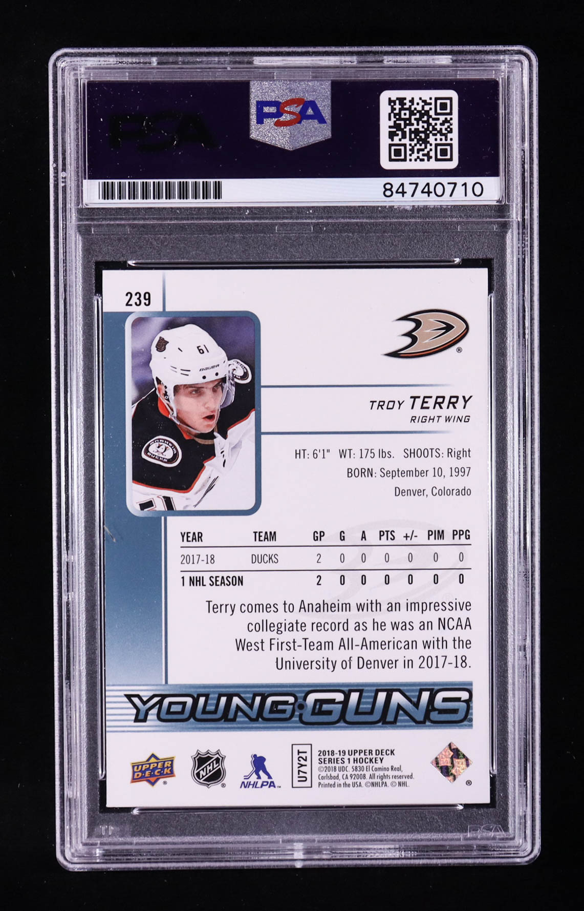 Troy Terry Signed 2018-19 Upper Deck #239 YG RC (PSA | Auto 9) at PristineAuction.com Troy Terry Signed 2018-19 Upper Deck #239 YG RC (PSA | Auto 9) at PristineAuction.com