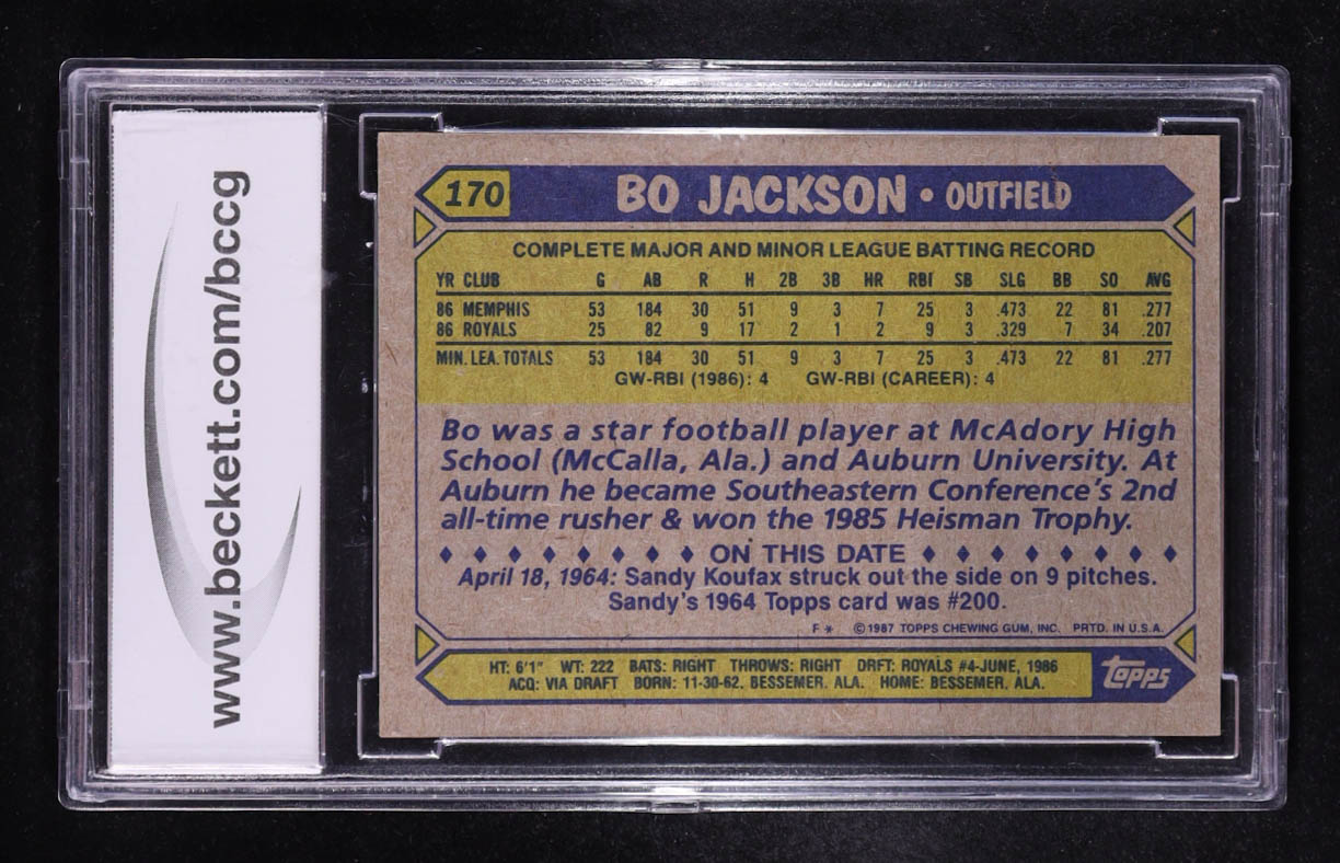 Bo Jackson 1987 Topps #170 RC (BCCG 10) at PristineAuction.com Bo Jackson 1987 Topps #170 RC (BCCG 10) at PristineAuction.com