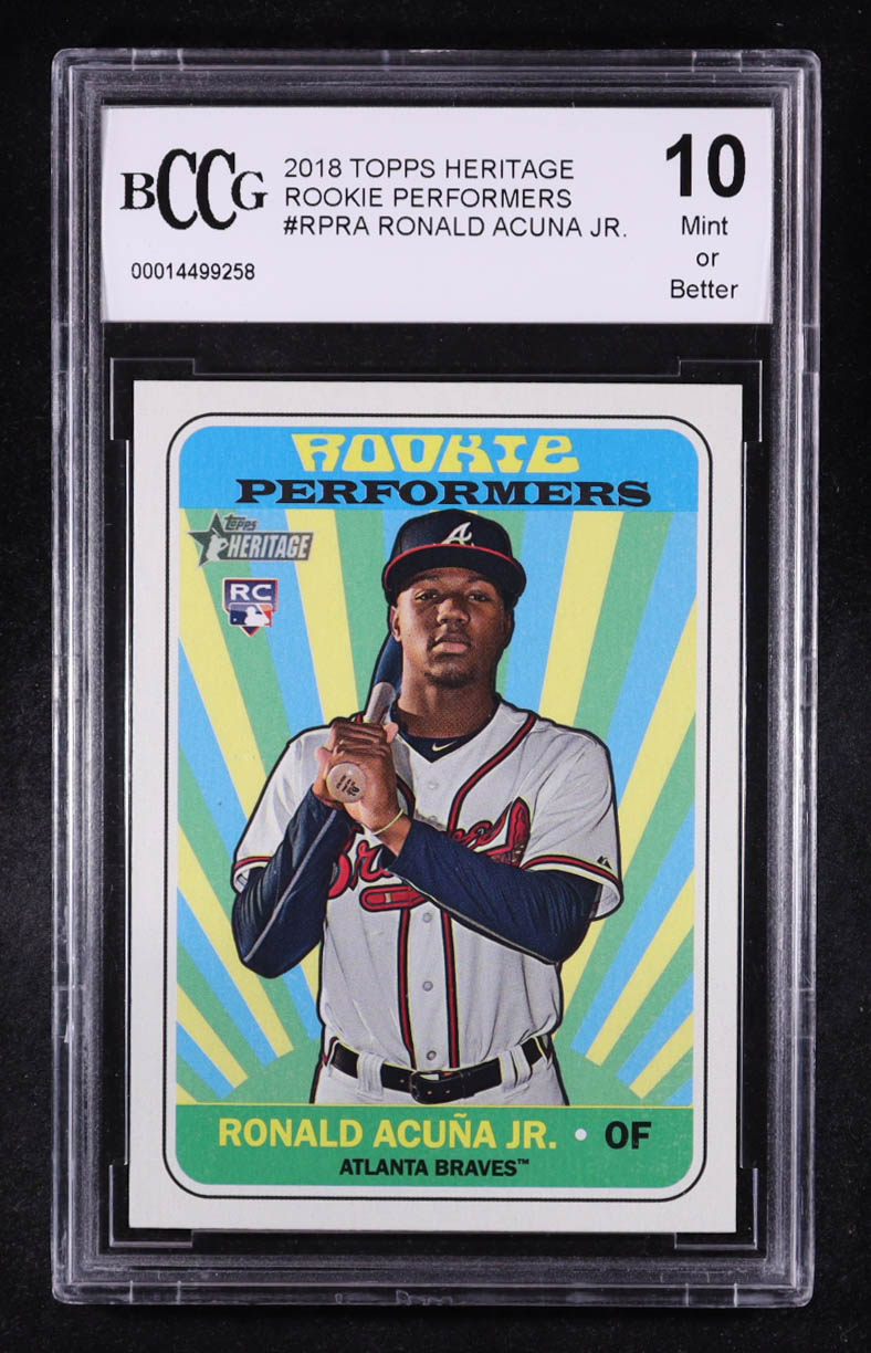 Ronald Acuna Jr. 2018 Topps Heritage Rookie Performers #RPRA RC (BCCG 10) at PristineAuction.com Ronald Acuna Jr. 2018 Topps Heritage Rookie Performers #RPRA RC (BCCG 10) at PristineAuction.com