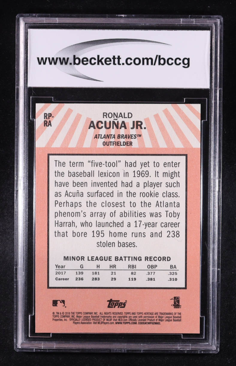 Ronald Acuna Jr. 2018 Topps Heritage Rookie Performers #RPRA RC (BCCG 10) at PristineAuction.com Ronald Acuna Jr. 2018 Topps Heritage Rookie Performers #RPRA RC (BCCG 10) at PristineAuction.com