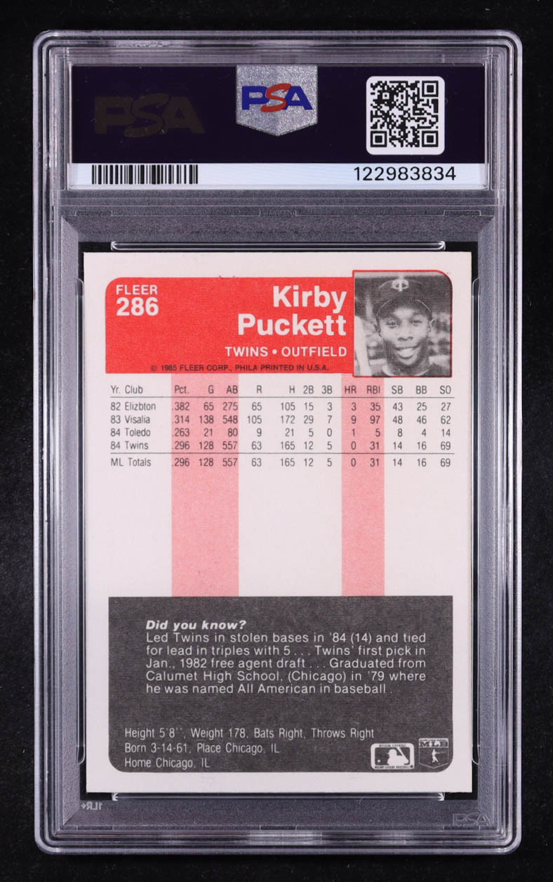 Kirby Puckett 1985 Fleer #286 RC (PSA 8) at PristineAuction.com Kirby Puckett 1985 Fleer #286 RC (PSA 8) at PristineAuction.com