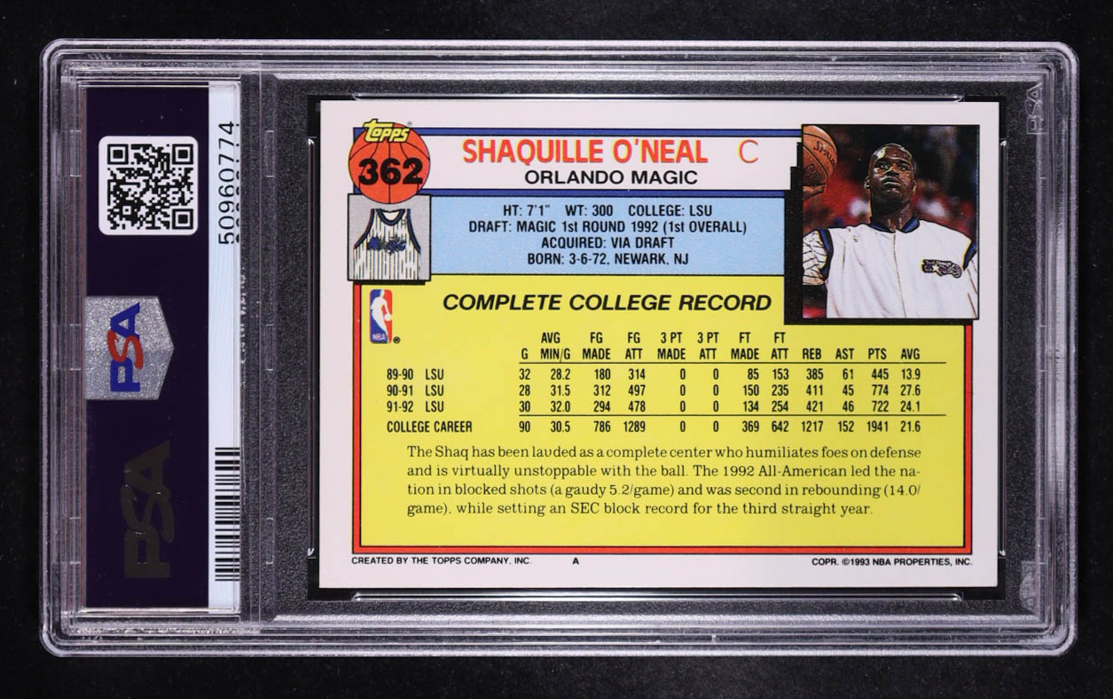 Shaquille O'Neal 1992-93 Topps #362 RC (PSA 9) at PristineAuction.com Shaquille O'Neal 1992-93 Topps #362 RC (PSA 9) at PristineAuction.com