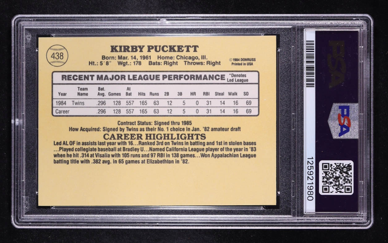 Kirby Puckett 1985 Donruss #438 RC (PSA 8) at PristineAuction.com Kirby Puckett 1985 Donruss #438 RC (PSA 8) at PristineAuction.com