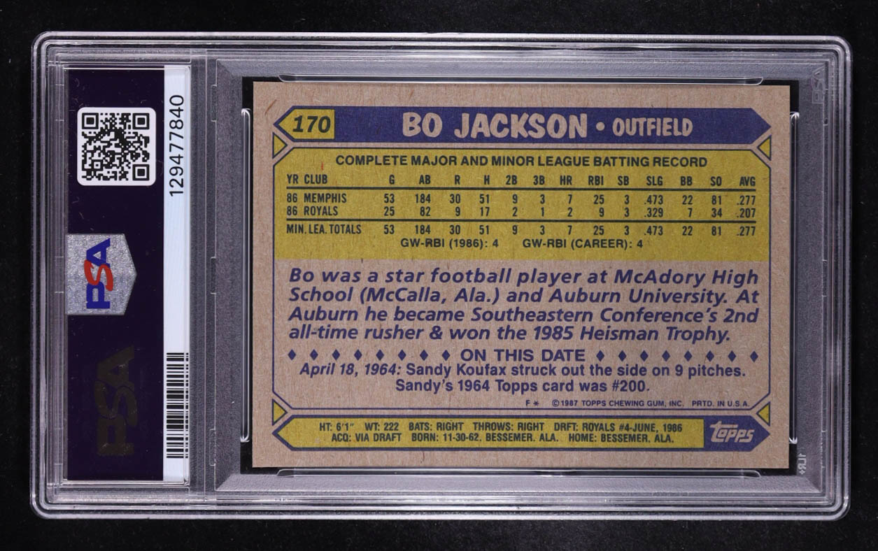 Bo Jackson 1987 Topps #170 RC (PSA 9) at PristineAuction.com Bo Jackson 1987 Topps #170 RC (PSA 9) at PristineAuction.com