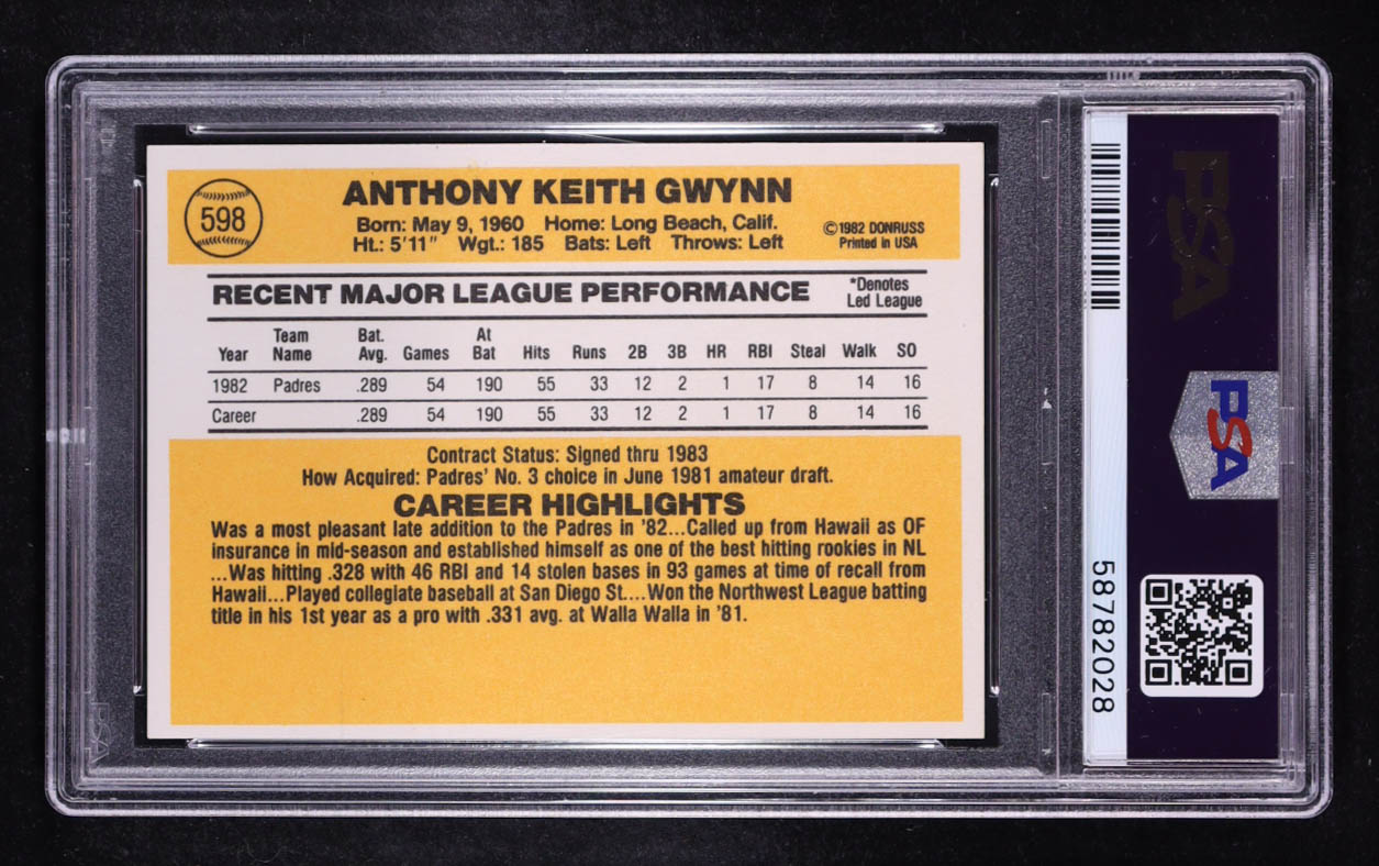 Tony Gwynn 1983 Donruss #598 RC (PSA 8) at PristineAuction.com Tony Gwynn 1983 Donruss #598 RC (PSA 8) at PristineAuction.com