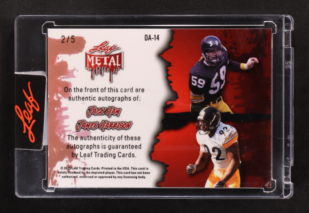 Jack Ham / James Harrison 2025 Leaf Metal Halloween Dual Autographs Prismatic Blood #DA14 #2/5 at PristineAuction.com Jack Ham / James Harrison 2025 Leaf Metal Halloween Dual Autographs Prismatic Blood #DA14 #2/5 at PristineAuction.com