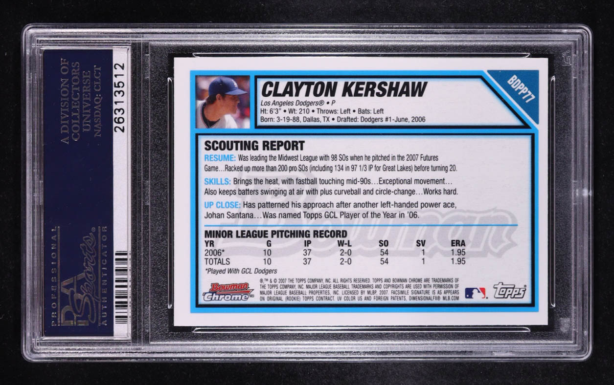 Clayton Kershaw 2007 Bowman Chrome Draft Future's Game Prospects #BDPP77 (PSA 9) at PristineAuction.com Clayton Kershaw 2007 Bowman Chrome Draft Future's Game Prospects #BDPP77 (PSA 9) at PristineAuction.com