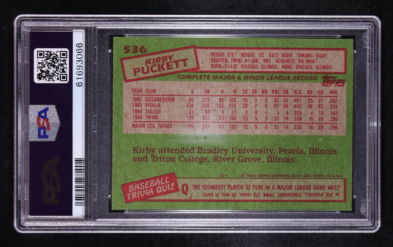 Kirby Puckett 1985 Topps #536 RC (PSA 8) at PristineAuction.com Kirby Puckett 1985 Topps #536 RC (PSA 8) at PristineAuction.com