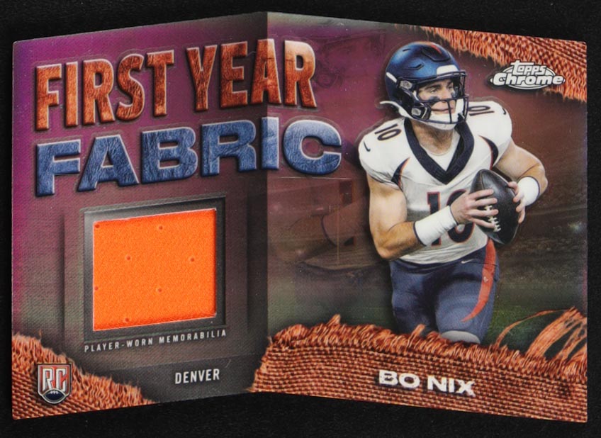 Bo Nix 2024 Topps Chrome First Year Fabrics #FYFBN RC at PristineAuction.com Bo Nix 2024 Topps Chrome First Year Fabrics #FYFBN RC at PristineAuction.com