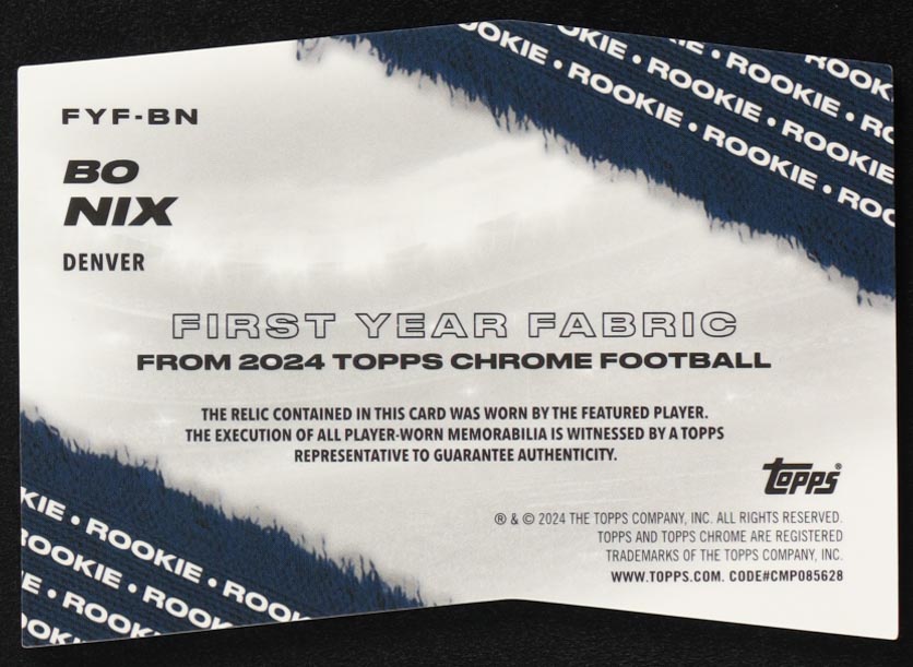 Bo Nix 2024 Topps Chrome First Year Fabrics #FYFBN RC at PristineAuction.com Bo Nix 2024 Topps Chrome First Year Fabrics #FYFBN RC at PristineAuction.com