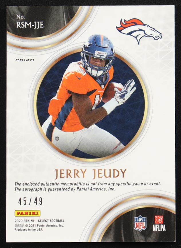 Jerry Jeudy 2020 Select Rookie Signature Memorabilia Prizm Purple #6 #45/49 RC at PristineAuction.com Jerry Jeudy 2020 Select Rookie Signature Memorabilia Prizm Purple #6 #45/49 RC at PristineAuction.com