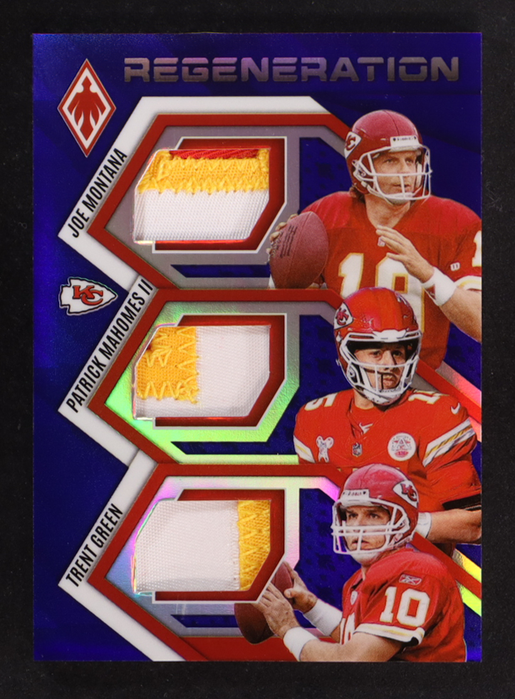 Joe Montana / Patrick Mahomes II / Trent Green 2025 Panini Phoenix Regeneration Jerseys Blue #9 #075/199 at PristineAuction.com Joe Montana / Patrick Mahomes II / Trent Green 2025 Panini Phoenix Regeneration Jerseys Blue #9 #075/199 at PristineAuction.com
