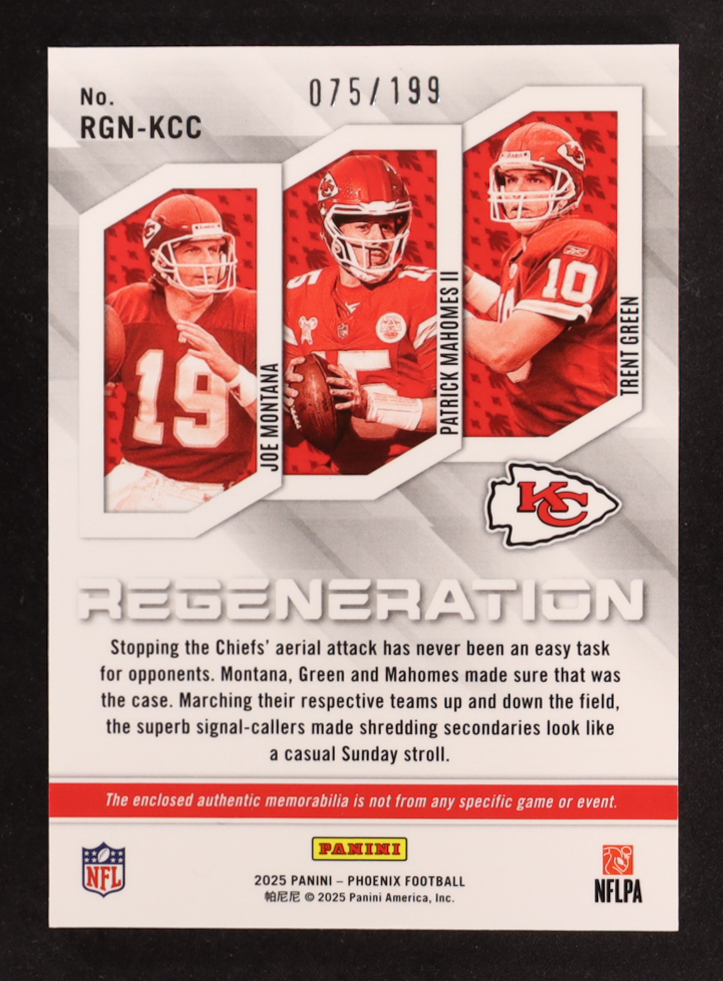 Joe Montana / Patrick Mahomes II / Trent Green 2025 Panini Phoenix Regeneration Jerseys Blue #9 #075/199 at PristineAuction.com Joe Montana / Patrick Mahomes II / Trent Green 2025 Panini Phoenix Regeneration Jerseys Blue #9 #075/199 at PristineAuction.com