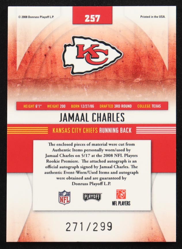 Jamaal Charles 2008 Absolute Memorabilia RPM AU #257 #271/299 RC at PristineAuction.com Jamaal Charles 2008 Absolute Memorabilia RPM AU #257 #271/299 RC at PristineAuction.com