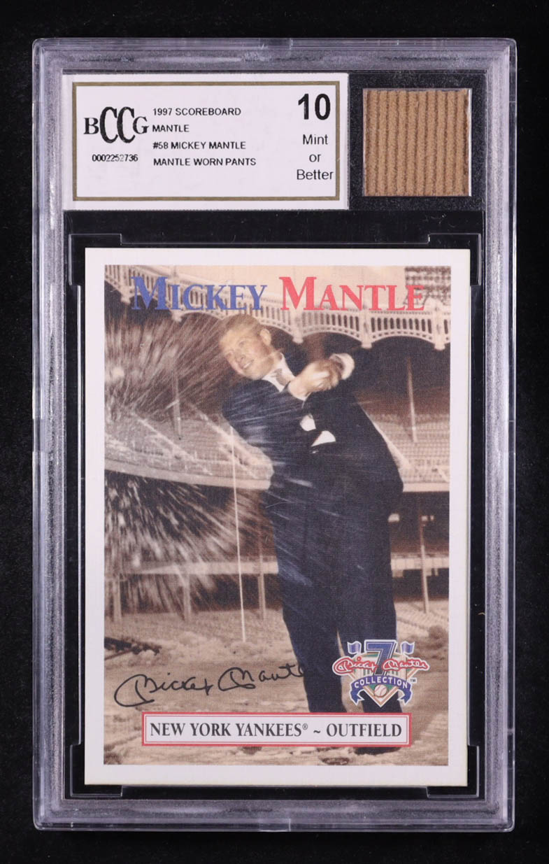 Mickey Mantle 1997 Scoreboard Mantle #58 1958 Trading Card with Game Used Pants Piece (BCCG 10) at PristineAuction.com Mickey Mantle 1997 Scoreboard Mantle #58 1958 Trading Card with Game Used Pants Piece (BCCG 10) at PristineAuction.com